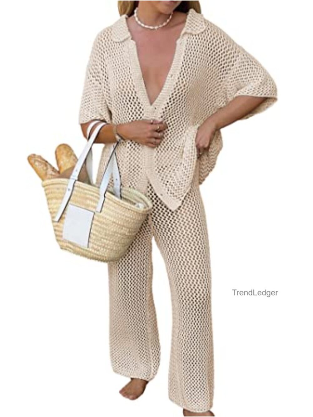 Women's Crochet Knit 2 Piece Swimsuit Cover Up Set with Short Sleeve Top and